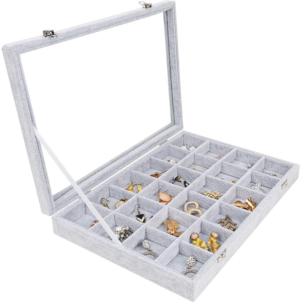 Smyckesdisplay med sammetsbricka och transparent glaslock, visa upp dina skatter med stil och skydd, avtagbara fack