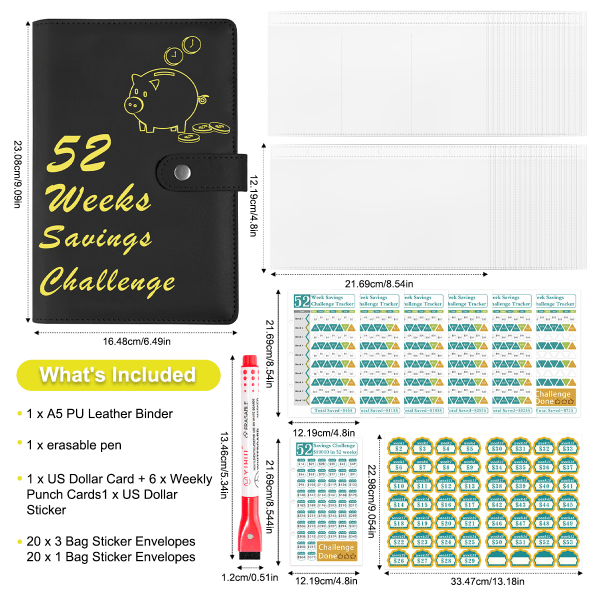 52 ukers spareutfordring sparebøker med konvolutter, A5 budsjettperm spareutfordringer bok med 4 spareutfordringssporing for å