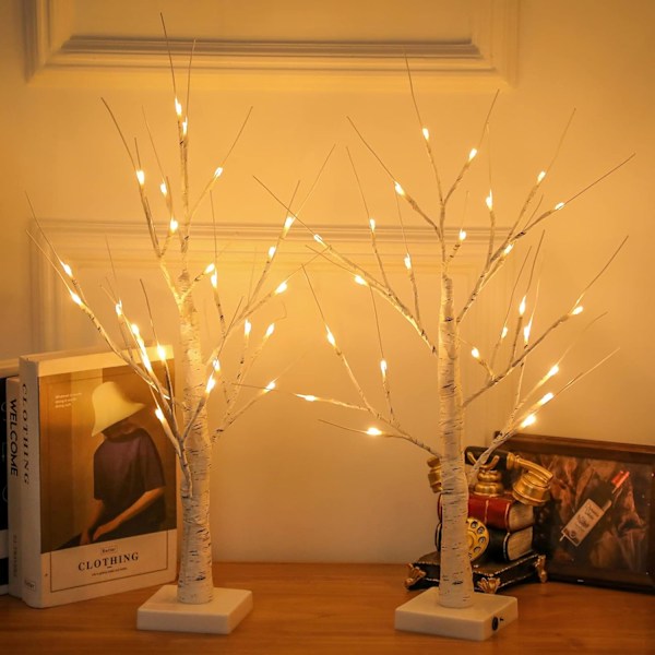 Elegant Belyst Björk, Varmvit LED 2-pack för Heminredning, Året Runt Festlig Atmosfärskapare, USB eller 3 AA Batterier Drivna med Timer