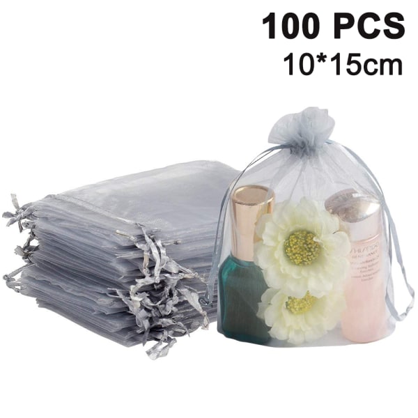 100 kpl läpinäkyvä kiristysnyörillinen korupussi lahjapussi, harmaa, 10x15 cm