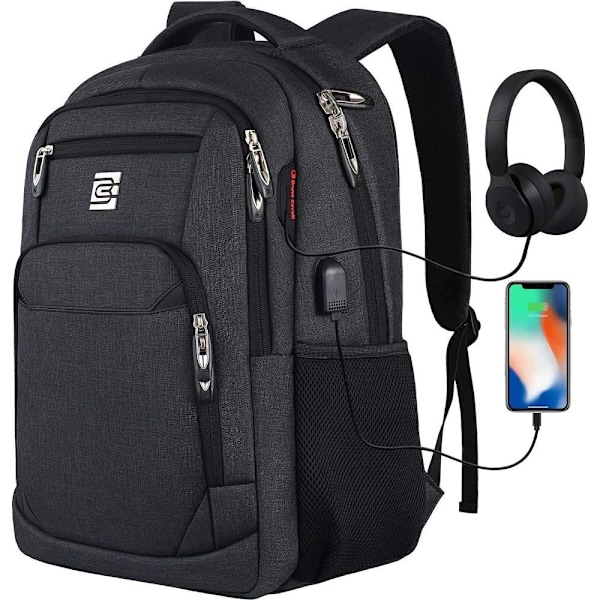 Reseryggsäck för Laptop med Hög Kapacitet, Ventilerande Meshrygg och Bekväma Axelremmar, Stöldskyddsryggsäck med Inbyggd USB-Port och Hörlursuttag