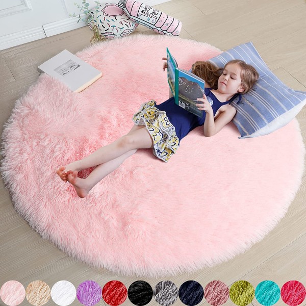 rosa rundt teppe til soverom jenterom babyrom fluffy teppe