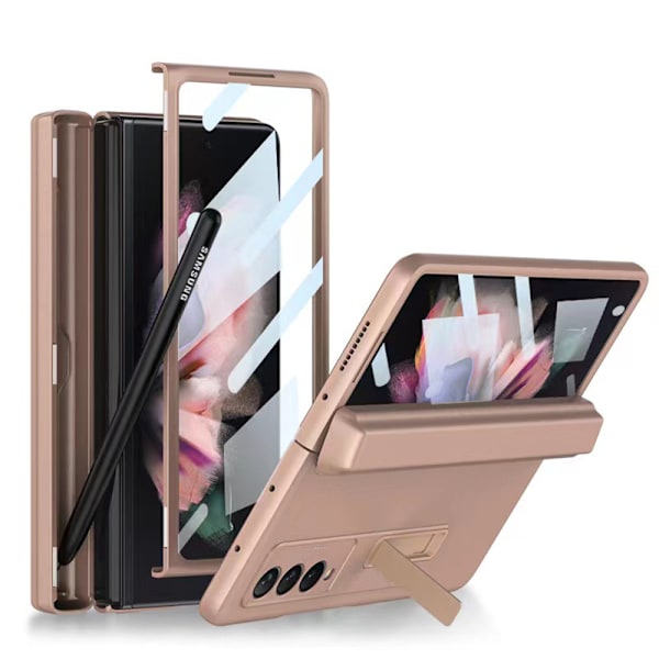 Galaxy Z Fold 3 Skal, Pennhållare, Läder på Baksidan, Magnetiskt Gångjärnsskydd, Stöd för Trådlös Laddning för Samsung Galaxy Z Fold 3 5G (Guld)