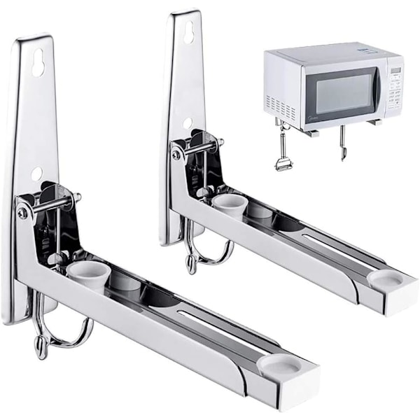 2 Pieces 304 Stainless Steel Microwave Stands, Microwave Holder with Extendable Arm, with 2 Hooks, Wall Mount Microwave Shelf, for Microwave and Oven