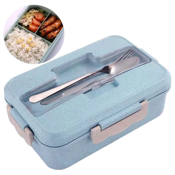 1000 ml Wheat Safety Bento Box syömäpuikkolusikalla, sininen