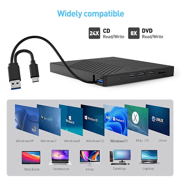 Optisk Drivenhet, Multi-Hub Funktion Ultra Slim Design Extern CD/DVD-enhet USB 3.0 Teknik Plug and Play, Bred Kompatibilitet för Macbook,