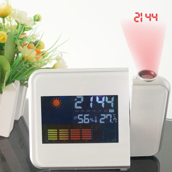 Mångsidig Projektionsväckarklocka, Väderprognos, Hygrometer & Termometer, Lätt att Använda, Tydlig Display, för Sovrum, Kontor & Vardagsrum