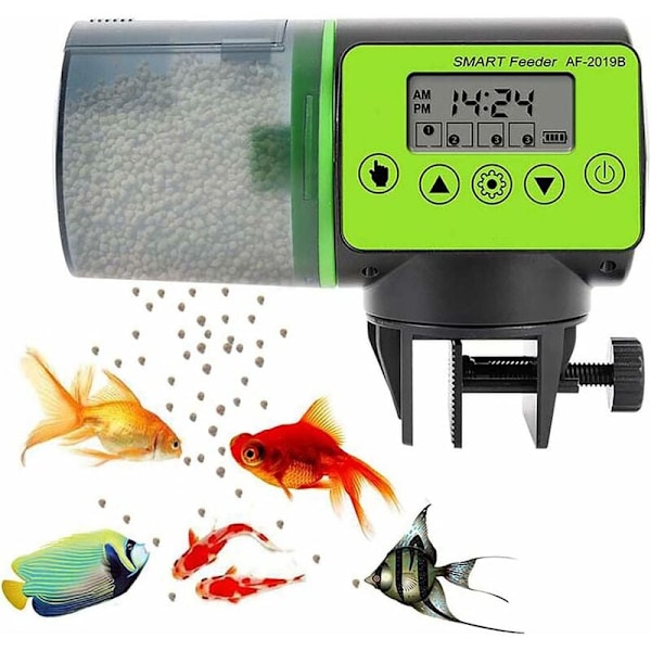 Fiskmatare med Programmerbar Timer, Tyst & Pålitlig för Akvarium & Damm, Uppladdningsbar via USB, Fuktbeständig Behållare för Flingor &