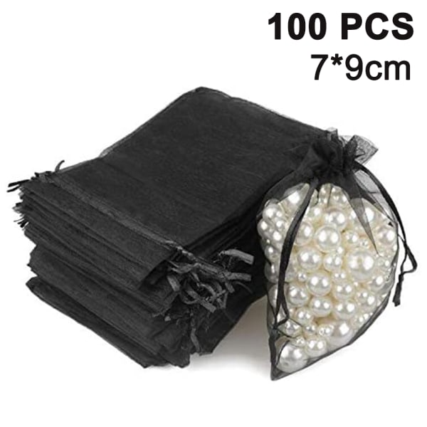 100 kpl läpinäkyvä kiristysnyörillinen korupussi lahjapussi, musta, 7x9 cm