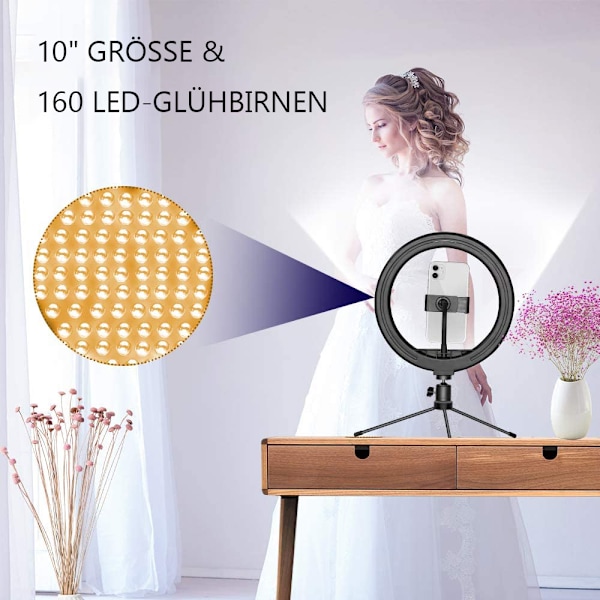 Ring Light med 360 graders roterande stativ, 10 tums dimbar LED-belysning för skrivbordsplacering, trådlös Bluetooth-fjärrkontroll ingår