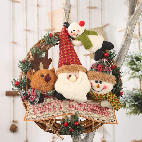 Rattan Krans för Ytterdörr, Juldekorationer i Klara Färger med Snögubbe och Jultomte, Väderbeständig Skylt Perfekt Gåva för Inomhus och Utomhusbruk