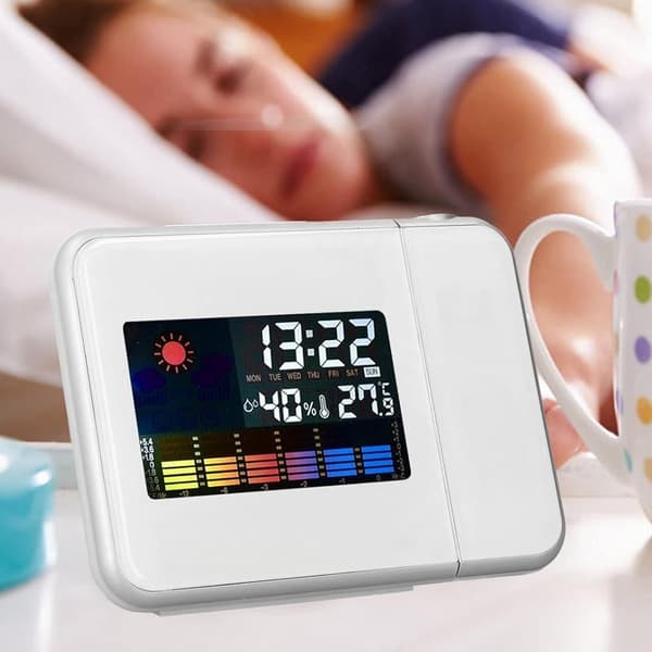 Mångsidig Projektionsväckarklocka, Väderprognos, Hygrometer & Termometer, Lätt att Använda, Tydlig Display, för Sovrum, Kontor & Vardagsrum