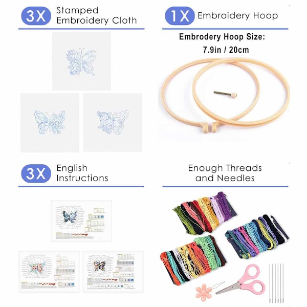 3 Set Broderikit för Nybörjare, Hantverkssysats Blomma Korsstygn Startkit, DIY Broderikit med Mönster och Instruktioner