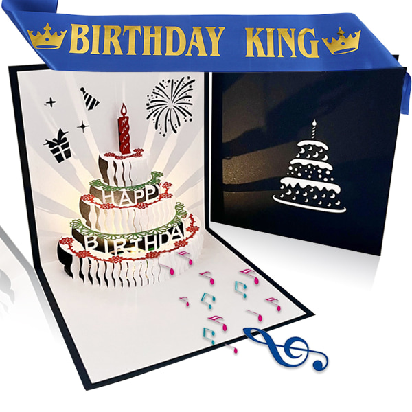 3D fødselsdagskort, Auto Play Musik LED-lys Fødselsdagskagekort, Lykønskningskort Fødselsdagsmusikkort