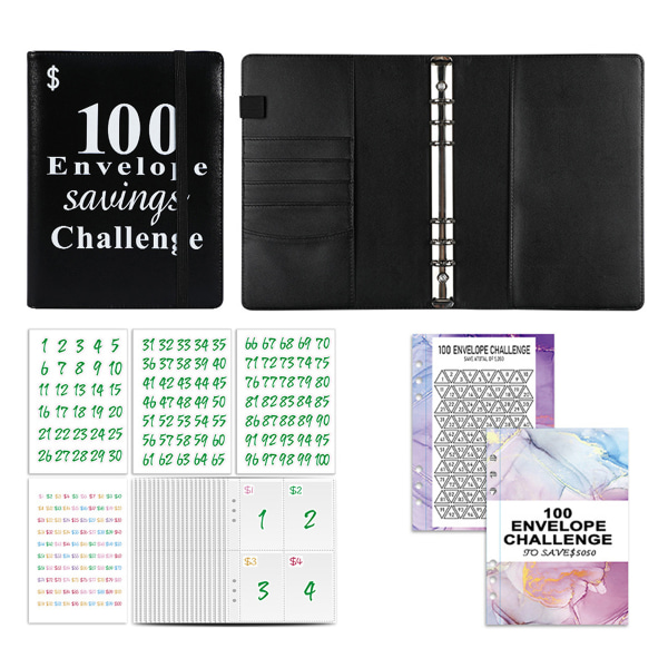 100 konvolutter pengebesparende udfordringsbinder med pengekonvolutterposer og beløbsmærkater black