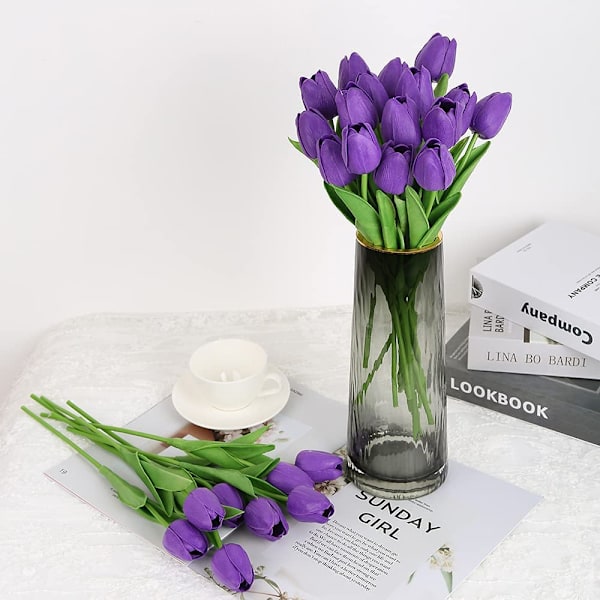 24 Pakke Kunstige Tulipaner Lilla Real Touch Kunstige Blomster