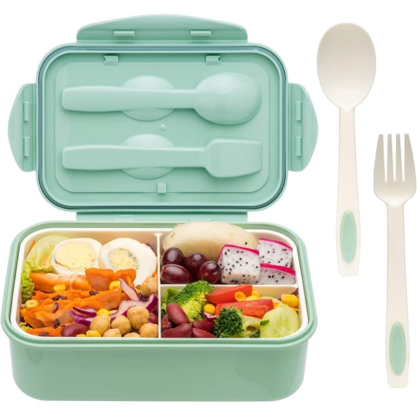 Bento lådor set - 1400 ml lunchlåda med sked och gaffel, grön