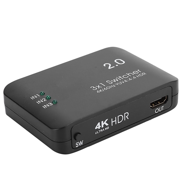 HDMI Switch Ultra HD, 3 Ingångar 1 Utgång Splitter Adapter, HDR & HDCP Stöd, 4K Högupplöst Multimediagränssnitt med HD IR Fjärrkontroll för