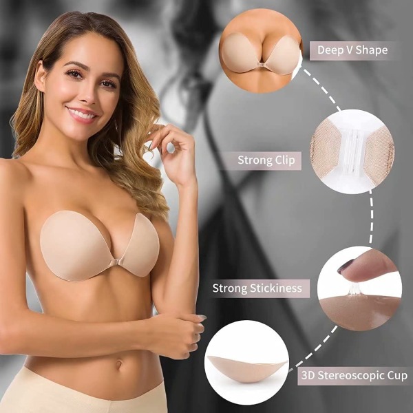 BH Stropløs Sticky Invisible Push-up silikone BH, Nude,C
