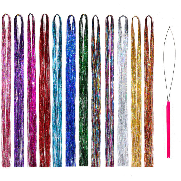 Hair Tinsel Kit Strängar med verktyg 12 färger Hair Tinsel Kit