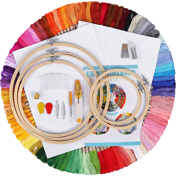 Embroidery Set,100 Color Threads,5 Bamboo Embroidery Hoops