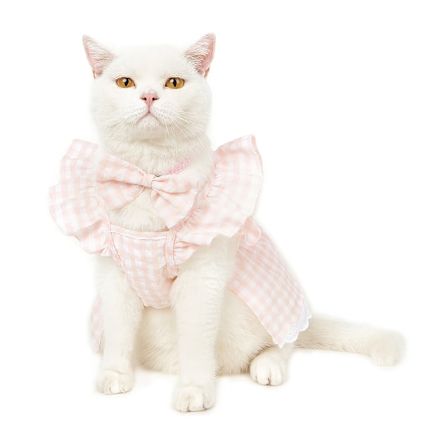 Katt Prinsessekjole med Flaggarm, Søt og Komfortabel Bomulls Elegant Hundekjole for Vår og Sommer, Rosa og Hvit Rutete, Størrelse L