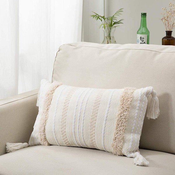Högkvalitativ bohemisk prydnadskudde, Boho ländkudde med utsökt chic design, lättskött tjockt tyg tofsad dekorativt örngott för