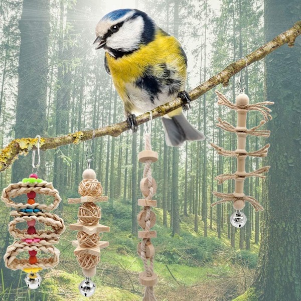 Birds' Haven, 8 Delar Handgjorda Tillbehör till Fågelbur med Papegojgunga, Giftfri Tuggleksak, Hängande Spegel, Upphöjd Plats för Klättring