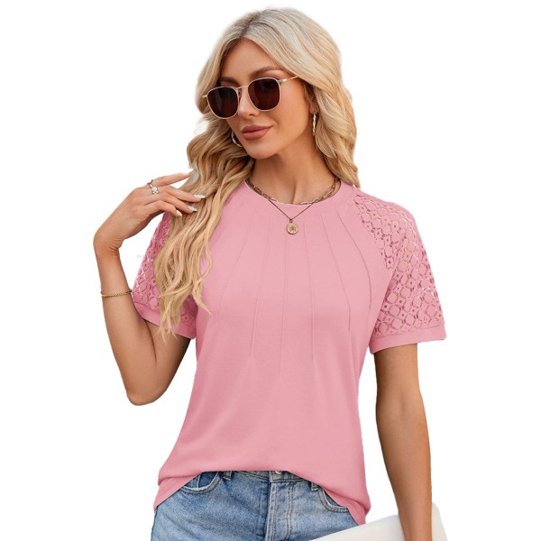 Womens Fashion Tops Crewneck Sexy Patchwork Lace Short Sleeve Tee