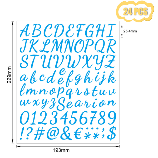 24 ark bogstaver talsæt, selvklæbende kursiv alfabetbogstav