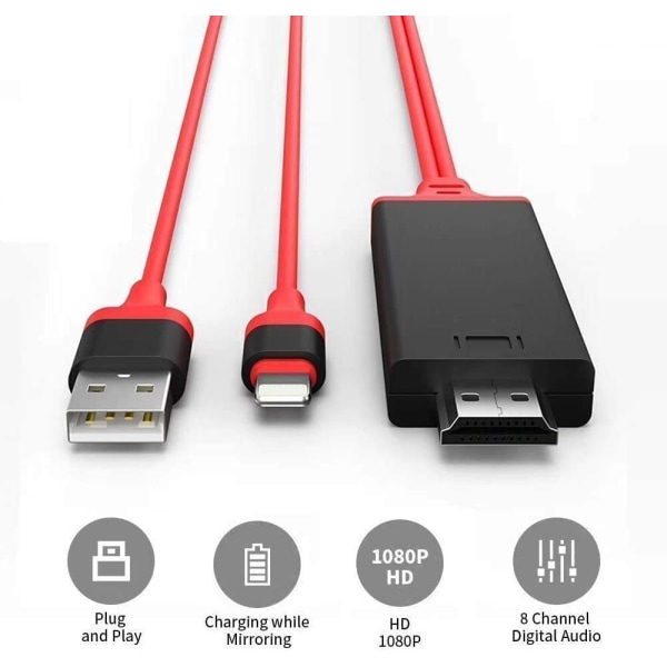 Lightning-HDMI-kaapeliadapteri, yhteensopiva iPhonen kanssa, PUNAINEN