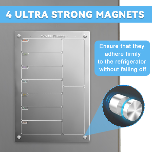 Akryl Magnetic Meny Board för kök, Akryl veckokalender för kylskåp, Akryl torr raderingstavla för kylskåp med 6 magnetiska raderbara