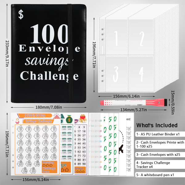 100 päivän rahansäästöhaastekansio käteiskirjekuorilla, säästöhaastekirja - helppo ja hauska tapa säästää budjettisuunnittelija