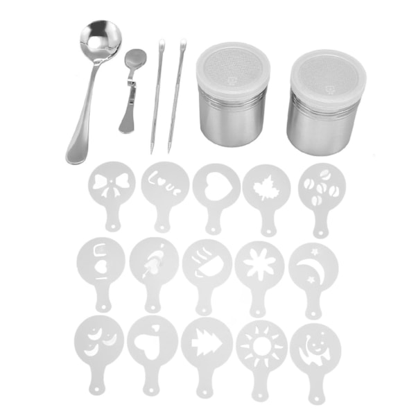 Kaffedekorationsschabloner Kaffe Carving Pen Set Rostfritt Stål Portabel Latte Art Pen Kaffeformverktyg med Pulverströare Skedar