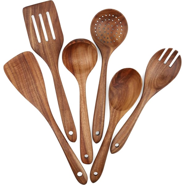 Wooden Kitchen Utensil Set of 6, Scratch and Heat Resistant