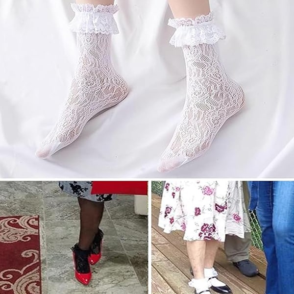 3 par japanska JK-pälssockor (svart + vit + grå), söt spetsvolangdesign, ogenomskinliga prinsessbomullssockor, en måste-ha sockkombination för