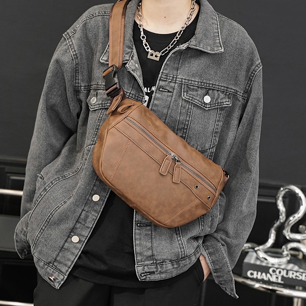 Crossbody Sling Bröstväska, Vegetabiliskt Garvat Läder Med Justerbar Bred Axelrem Och Funktionella Väskfunktioner