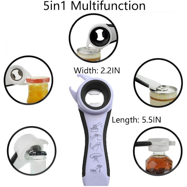 Multifunktionellt köksredskap, ergonomiskt utformat för enkel öppning 5 i 1 Locköppnare, idealisk för kvinnor, barn, seniorer, hållbar konstruktion med