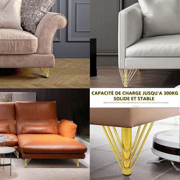 4 gullfargede møbelben i metall, moderne, elegant erstatning for sofa