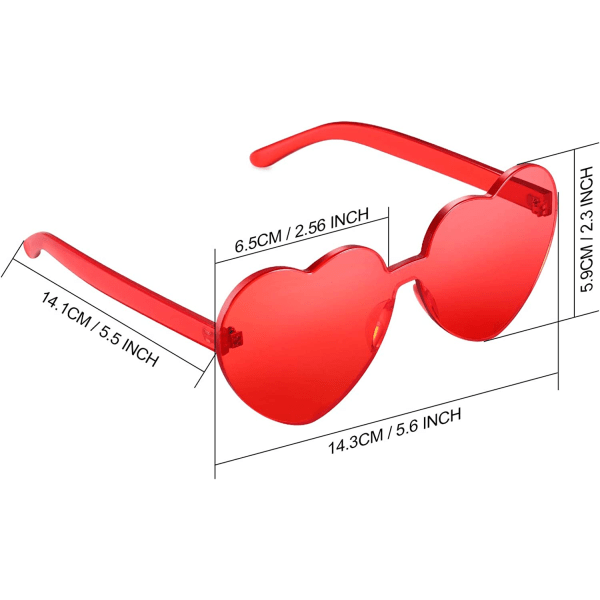 Hjerteformede solbriller til fest, gjennomsiktig rød
