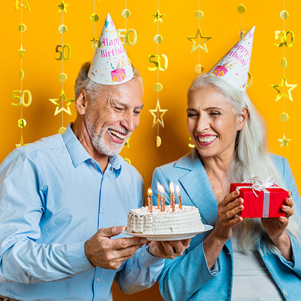 Guld 50-årsdag Dekorationer Nummer 50 Cirkel Punkt Blinkande Stjärna Girlang Metallisk Hängande Bunting Banner Streamer Bakgrund för 50 År Gammal Glad