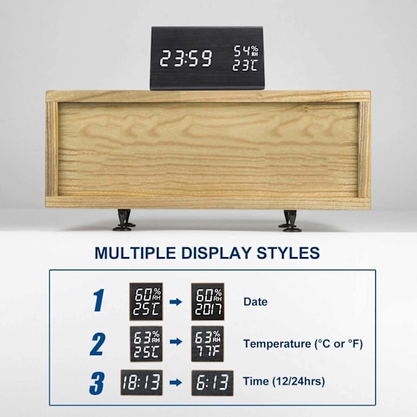 Wake Up Artisan, Unik väckarklocka i trä med dimbar display, flera alarm, temperatur- och fuktighetssensor för alla rum, Svart