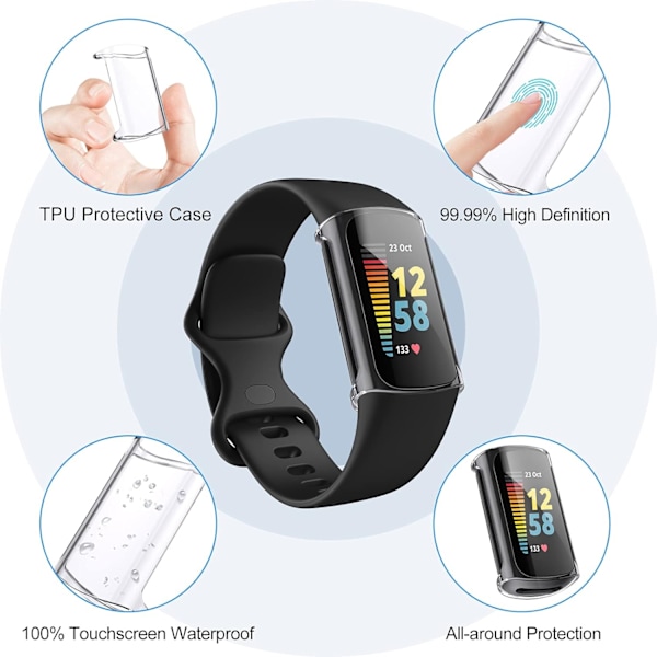 Perfekt skydd för Fitbit Charge 5, skärmskydd säkerställer kristallklar synlighet, robust TPU-stötfångarfodral erbjuder oöverträffat helkroppsskydd