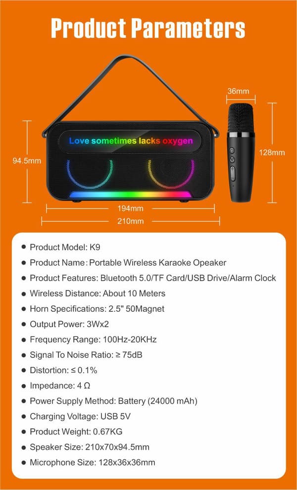 K9 Svart Bärbar K-Sång Bluetooth-högtalare, med Trådlös Mikrofon, Handhållet Utomhus Multifunktionsljudsystem