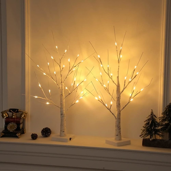 Elegant Belyst Björk, Varmvit LED 2-pack för Heminredning, Året Runt Festlig Atmosfärskapare, USB eller 3 AA Batterier Drivna med Timer
