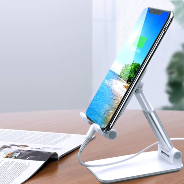 Justerbart Mobiltelefonställ, Stabilt Repskydd Vikbart Fäste för Skrivbord, Stödjer 3.5\"-8\" Telefoner och Upp till 10.5\" Tablets, med Laddningshål och