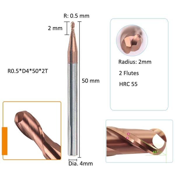 3 stk. - 0,5 mm radius kuglefræser, skaftdiameter 4,0 mm, længde