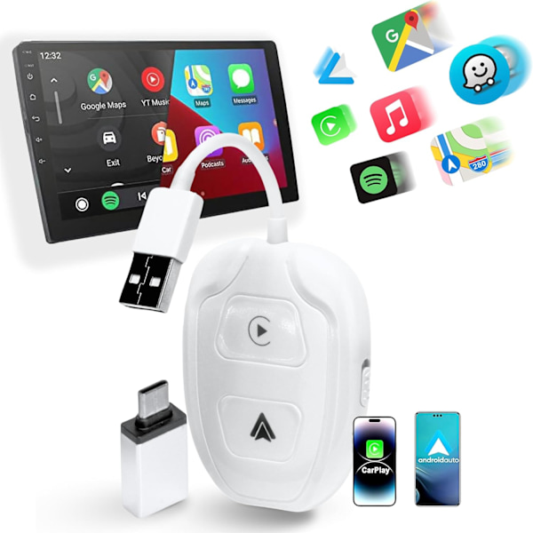 Langaton Carplay & Android Auto -sovitin 2 in 1 Auto CarPlay & Android Auto Langaton 2024 Päivitysdongle muuntaa langallisen langattomaksi, yhteensopiva