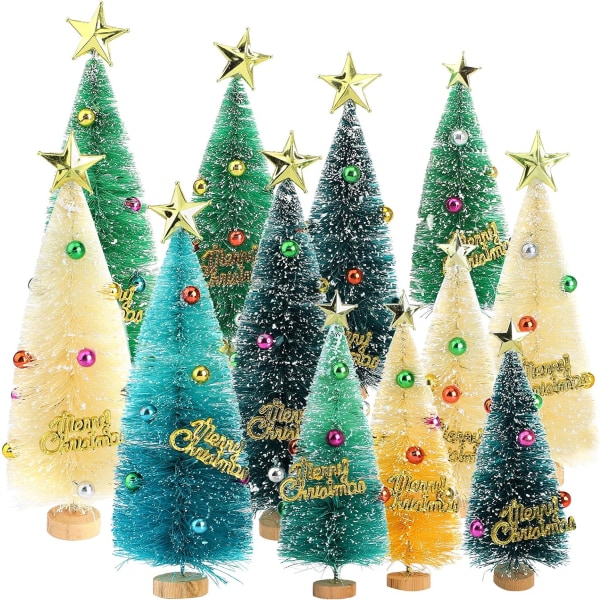 12 Stk Miniature Frosted Juletræer Sæt Med Ornamenter