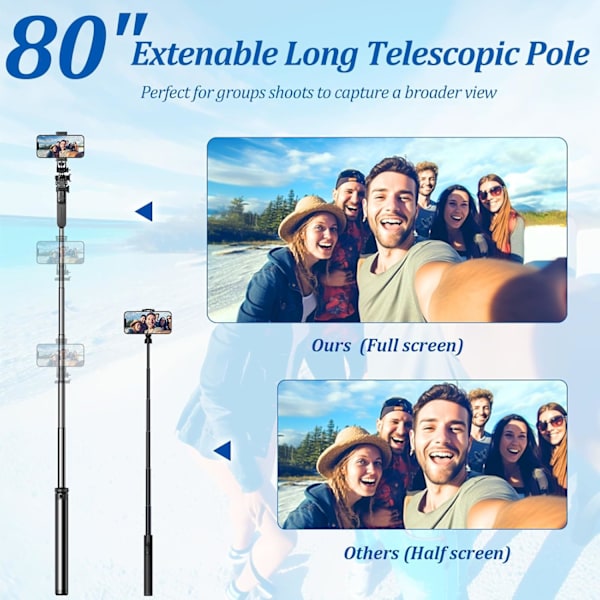 Telefonstativ, stativ for iPhone og selfiestangstativ med fjernkontroll og 2 lys, alt-i-ett 360° roterende bærbart reisetelefonstativ for